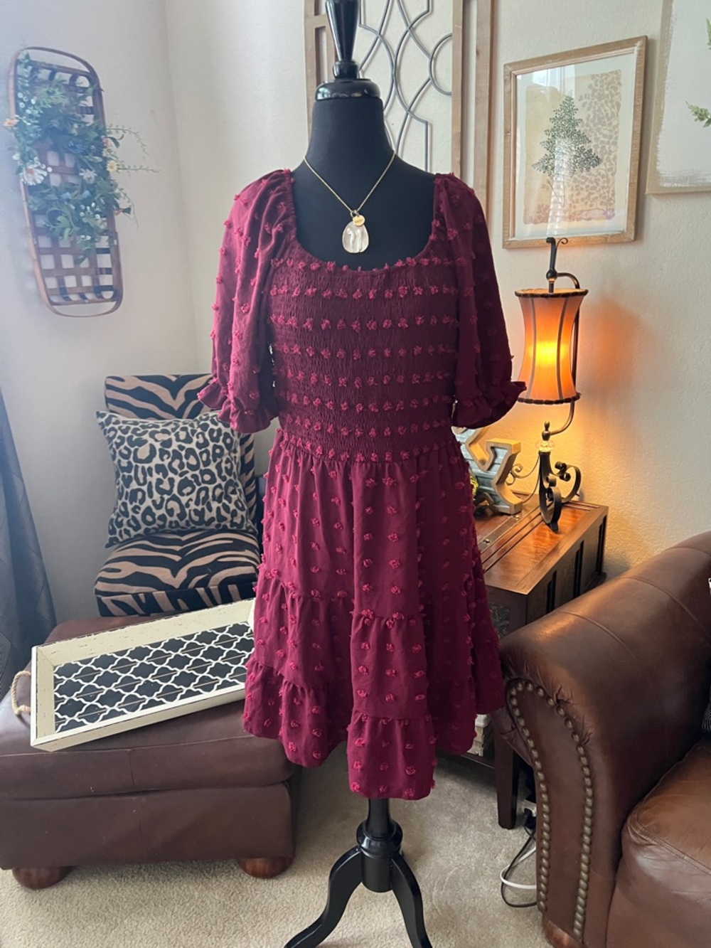 Smocked Burgundy Midi Dress with Puff Sleeves